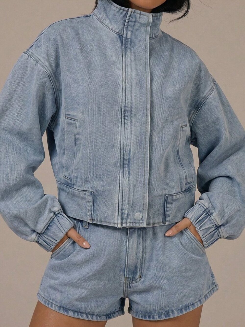 Baby Blue Casual Women's Denim High Neck Balloon Sleeve Zip Through Jacket